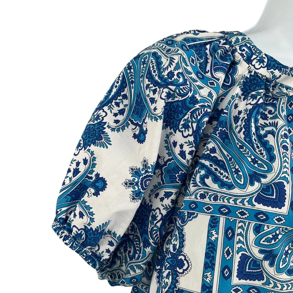 LOFT Top XS Blue White Paisley Bandana Print Puff Sleeve Boho Airy Cruise Travel